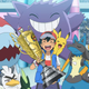 Ash Ketchum is seen holding a trophy with Pikachu on his shoulder. They're surrounded by Lucario, Dragonite, Gengar, Sirfetch'd, and Dracovish.